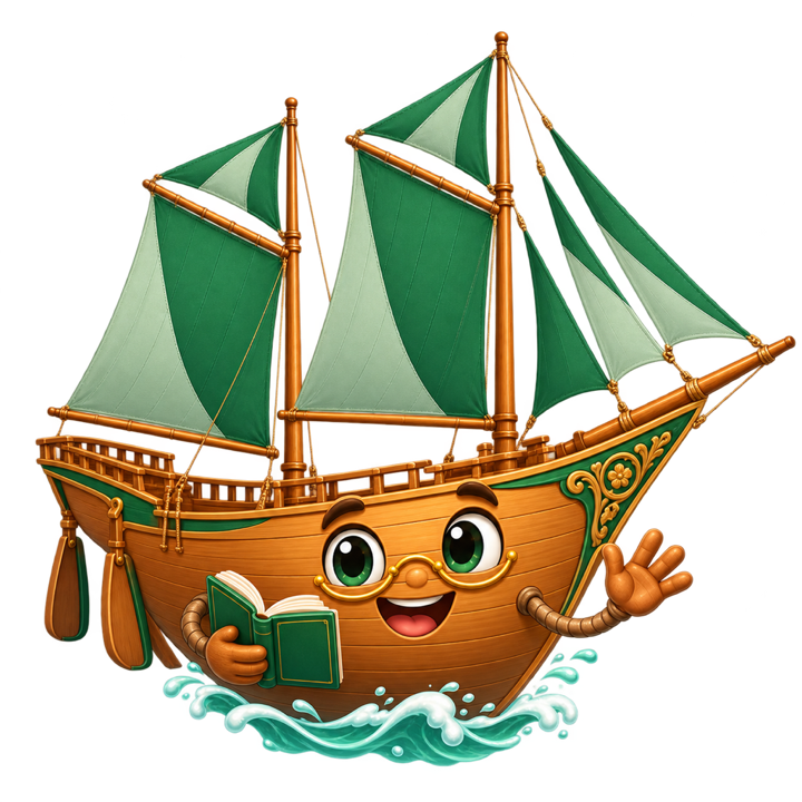 Pini, maskot ScholarSuite: kapal Pinisi berkacamata yang melambaikan tangan